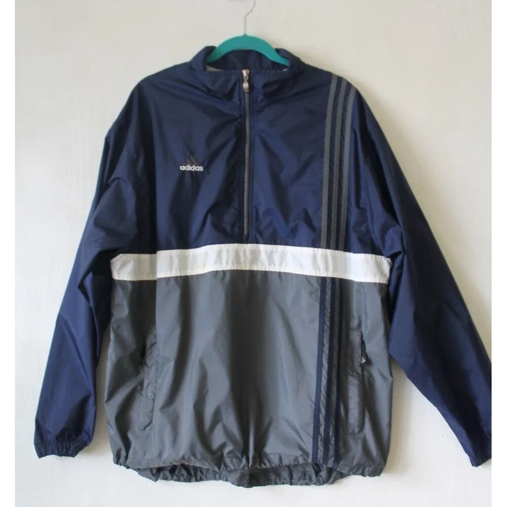 Adidas Jacket Men's L Navy Gray Half Zip Pullover Windbreaker Retro 90s Style